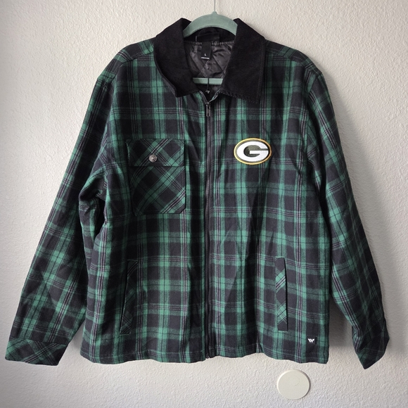 NFL Jackets & Blazers - NWT Greenbay Packers Flannel Zip Front Jacket Green Black Plaid NFL Women Sz L